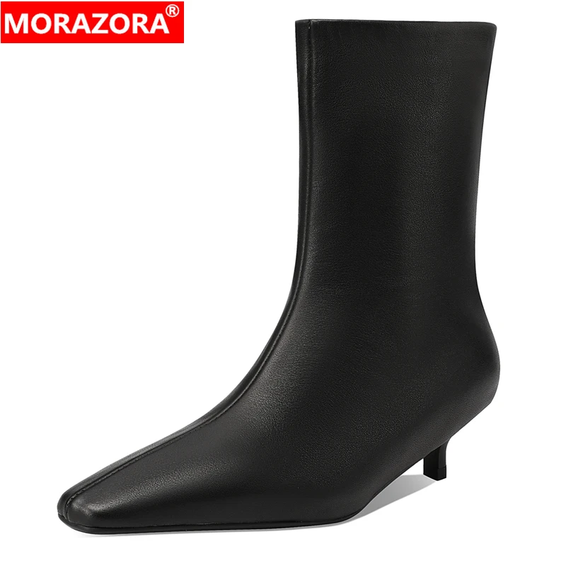 

MORAZORA INS брендовые ботинки из натуральной кожи, женские осенне-зимние ботильоны на среднем каблуке с острым носком на молнии, женские вечерние модельные туфли