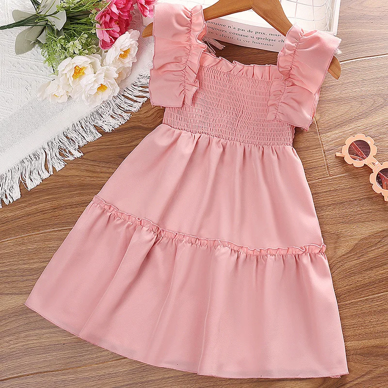 Summer Kids Girls 4-7 Years Clothes Beach Dress Cute Lace Cuffs Square Collar Play Wrap Princess Pink Skirt