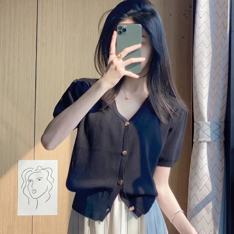 

plus Size Women's Vintage Slim Fit Short Sleeve V-Neck Knitwear Open Cardigan T-Shirt Summer Fashion Korean Style Regular Length