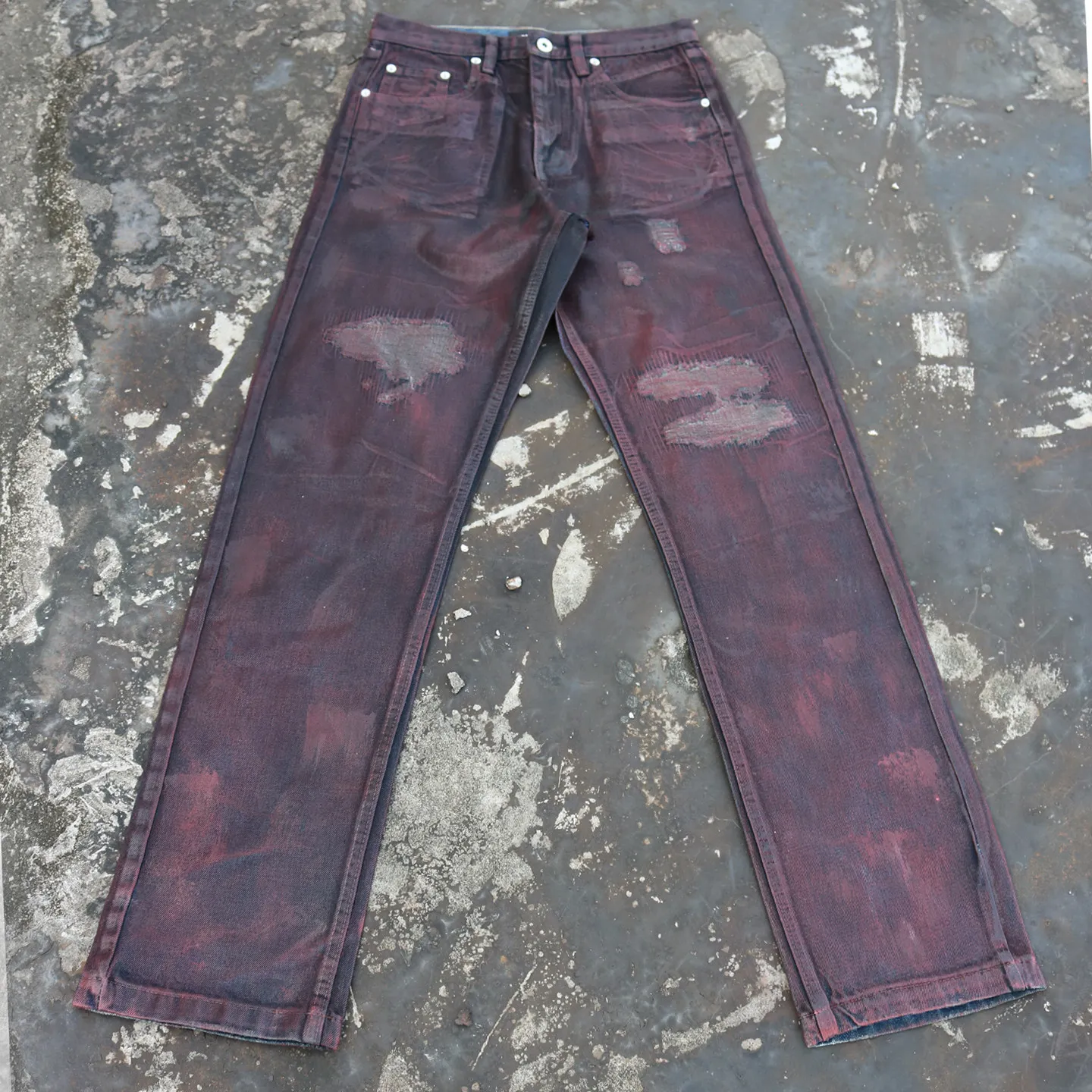 Mens Burgundy Distressed Jeans Ripped Waxed Coated Denim Straight Leg Long Pants for Alternative Fashion and Casual Wear
