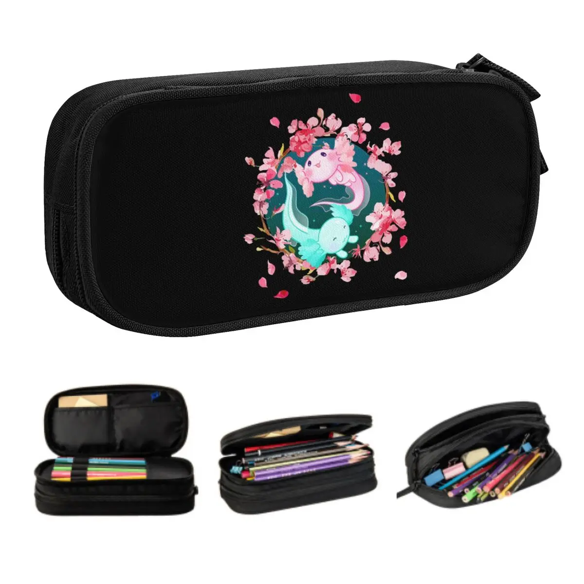 Custom Cute Axolotl Yin Yang Cherry Blossoms Pencil Cases for Large Storage Salamander Animal Pen Bag Box School Accessories