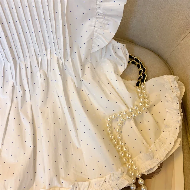 موضة منقطة قمصان المرأة الصيف جديد طباعة الأبيض تحلق كم البلوزات امرأة الحلو الكورية الأحمر تصميم غير رسمي الإناث بلايز