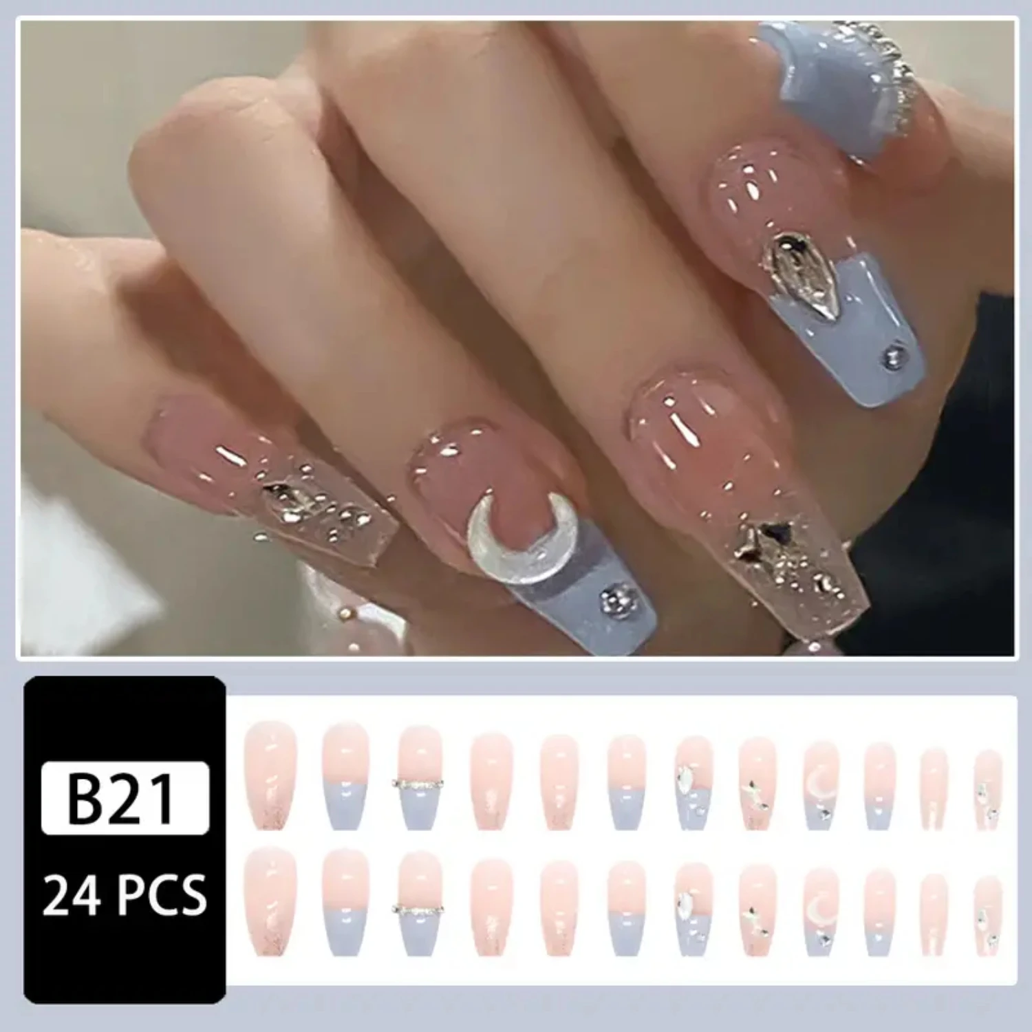 Sparkling Glitter Sea Salt Ice Blue Sequins Press On Fake Nails with Glossy Rhinestones - Women's Glue On Artificial Nails False