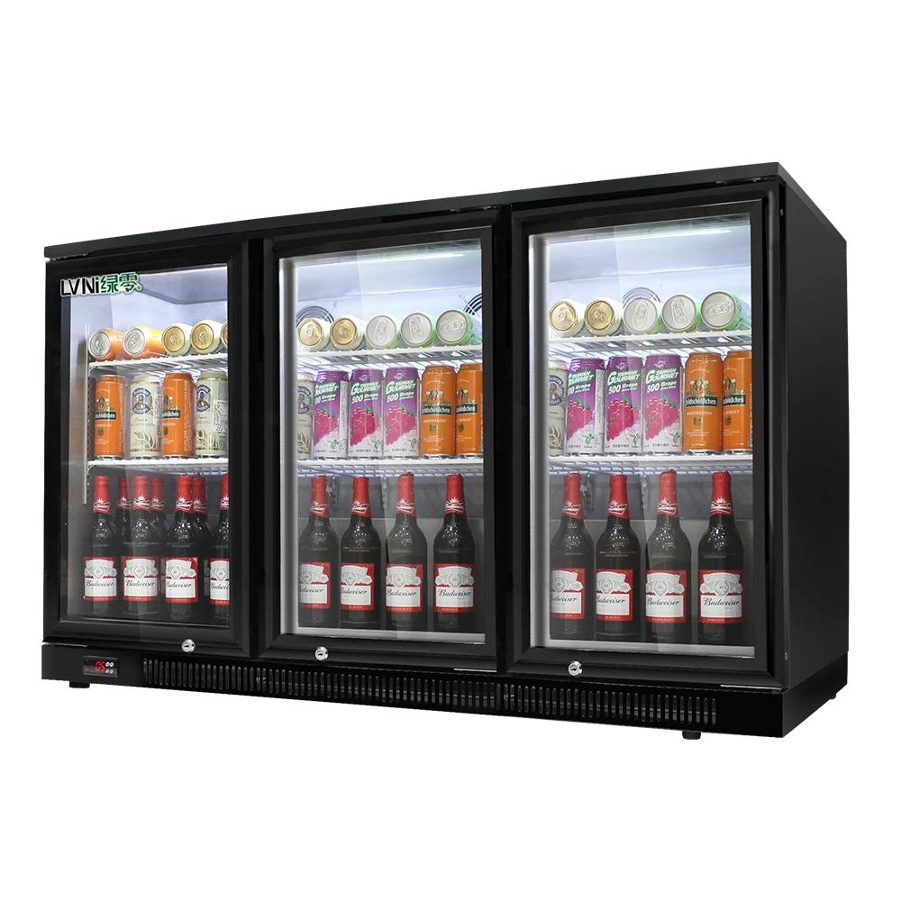 Mini Single Temperature Beer Bar Fridge Three Door Display Cooler for Drinks Bottles Sliding Rear Bar Feature Home Office