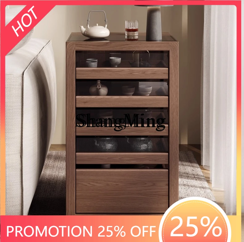 

FG mobile tea storage cabinet Chinese solid wood glass display side cabinet tea table rack