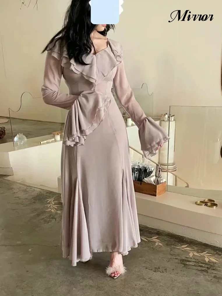 Gaun cermin elegan Vintage sederhana Ruffle manis panjang pergelangan kaki disesuaikan acara Formal gaun pesta malam gaun Prom