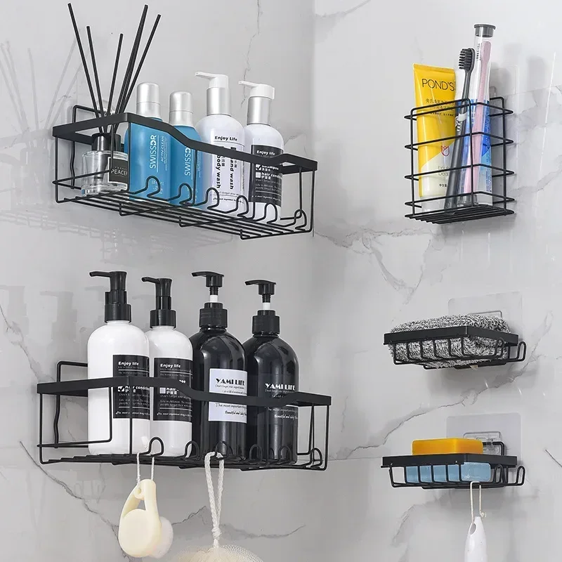 Bathroom Shelves Kitchen Organizer Black Shelves Corner Frame Iron Shower Punch-Free Mounted Caddy Rack For Bathroom Accessories