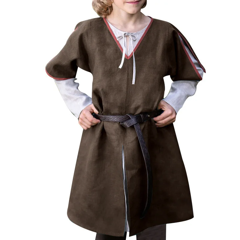 Medieval Tunic Short Sleeves V Neck Coat Child Surcoat Cotton Long Shirt Halloween Overcoat Renaissance Outfit For Kid Boys