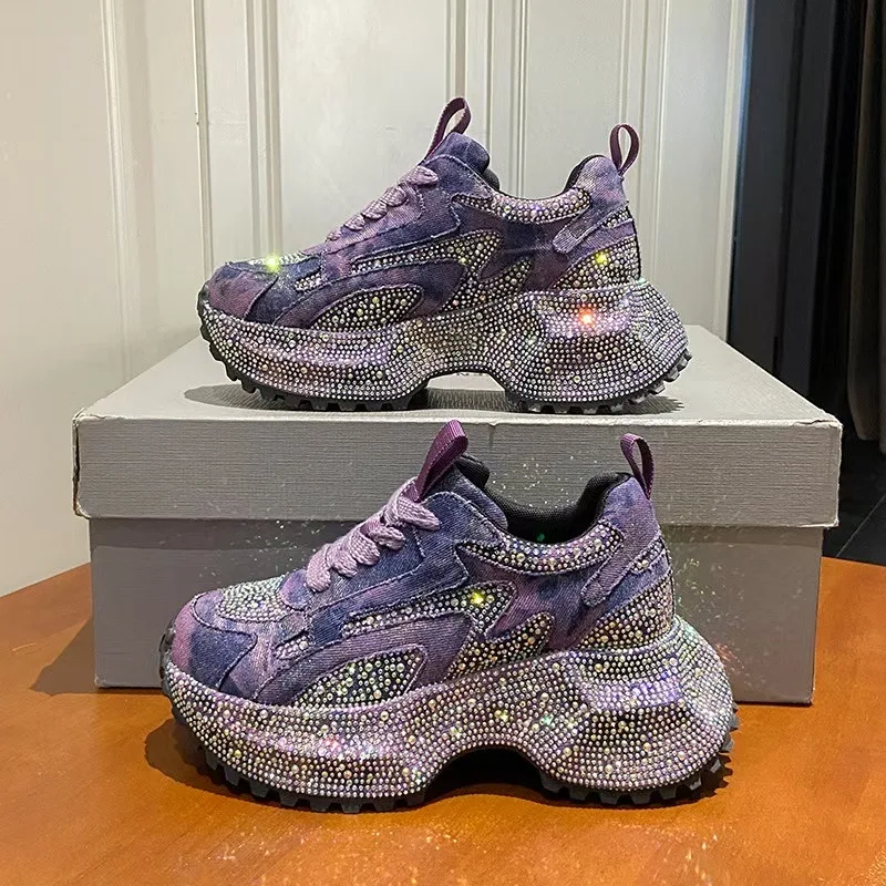 26 New Short Thick Bottom Sponge Cake Bottom Rhinestone Dad Shoes Casual Fashion Bright Diamond Sports Shoes for Women Designer