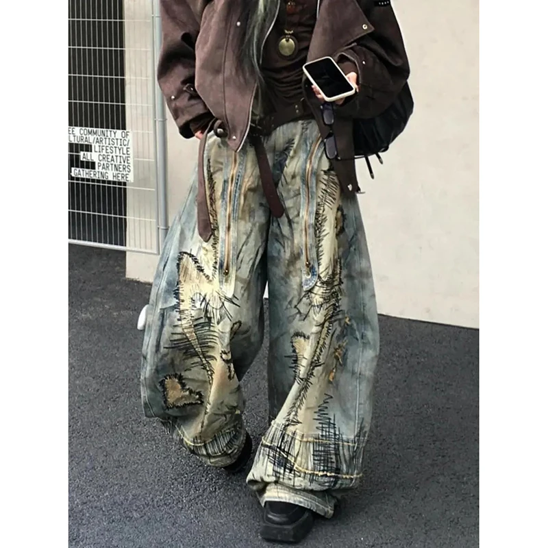 

American Streetwear Jeans Women Y2K Vintage Destruction Embroidery Oversize Denim Pants Fashion Wash Baggy Casual Wide Leg Jeans