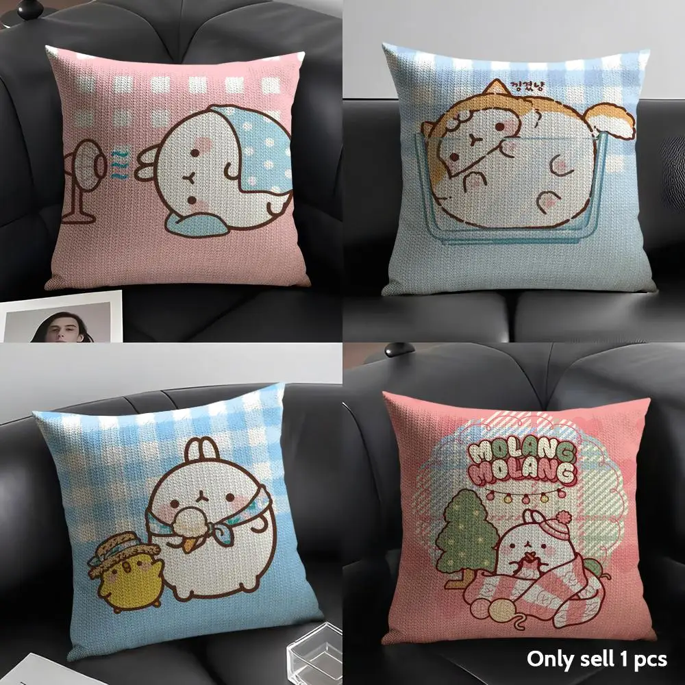 Cartoon M-MolangS Rabbit Cushion Cover Natural Linen Organic Fabric Double-Sided Printing Sofa Home Decor Gift Pillow Case