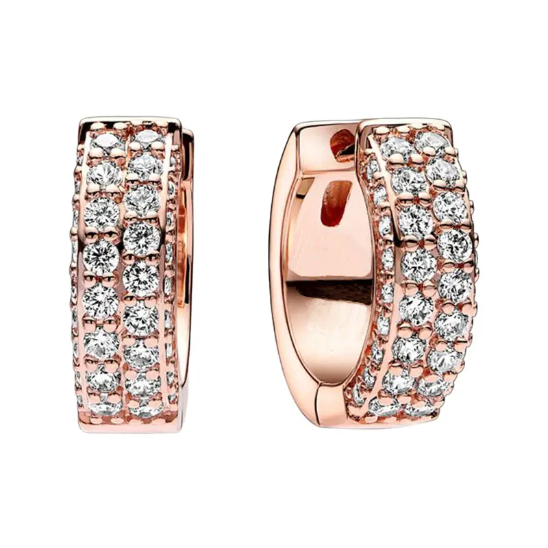 

14K Rose Gold Timeless Signature Double Row Hoop Earrings For Women Original Jewelry Wide Bands Pave Setting Clear Zircon Stones