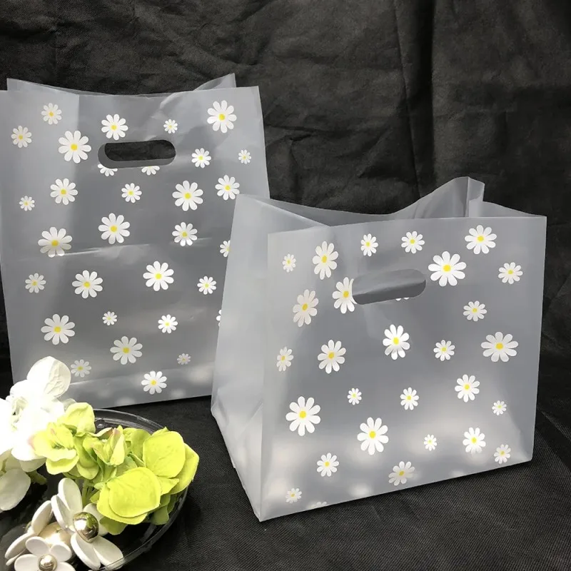 50Pcs Daisy Flower Plastic Gift Bag With Handle Christmas Wedding Party Gift Bag Candy Cake Packaging Bag