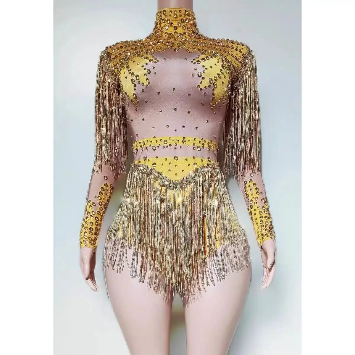 Birthday Party Nightclub Dj Stage Performance Costume Women Sparkly Rhinestone Sequin Tassel Stretch Bodysuits