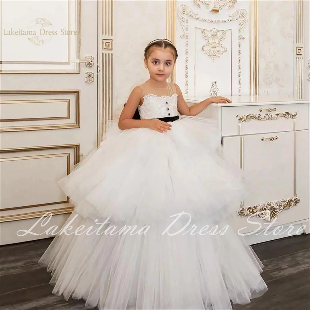 Luxury White Sleeveless O-Neck Flower Girl Dresses For Wedding Princess Tulle Floor Length First Communion Gowns With Bow