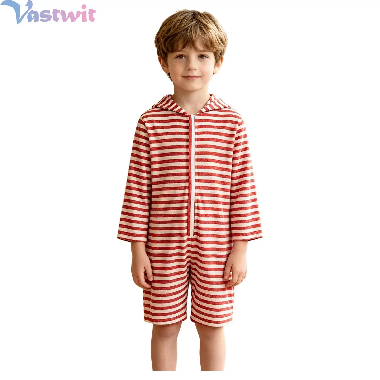 Kids Boys Girls Striped Hooded Jumpsuit Rompers Long Sleeve Zipper Front Thigh Length Loose Bodysuit Children's Playsuits