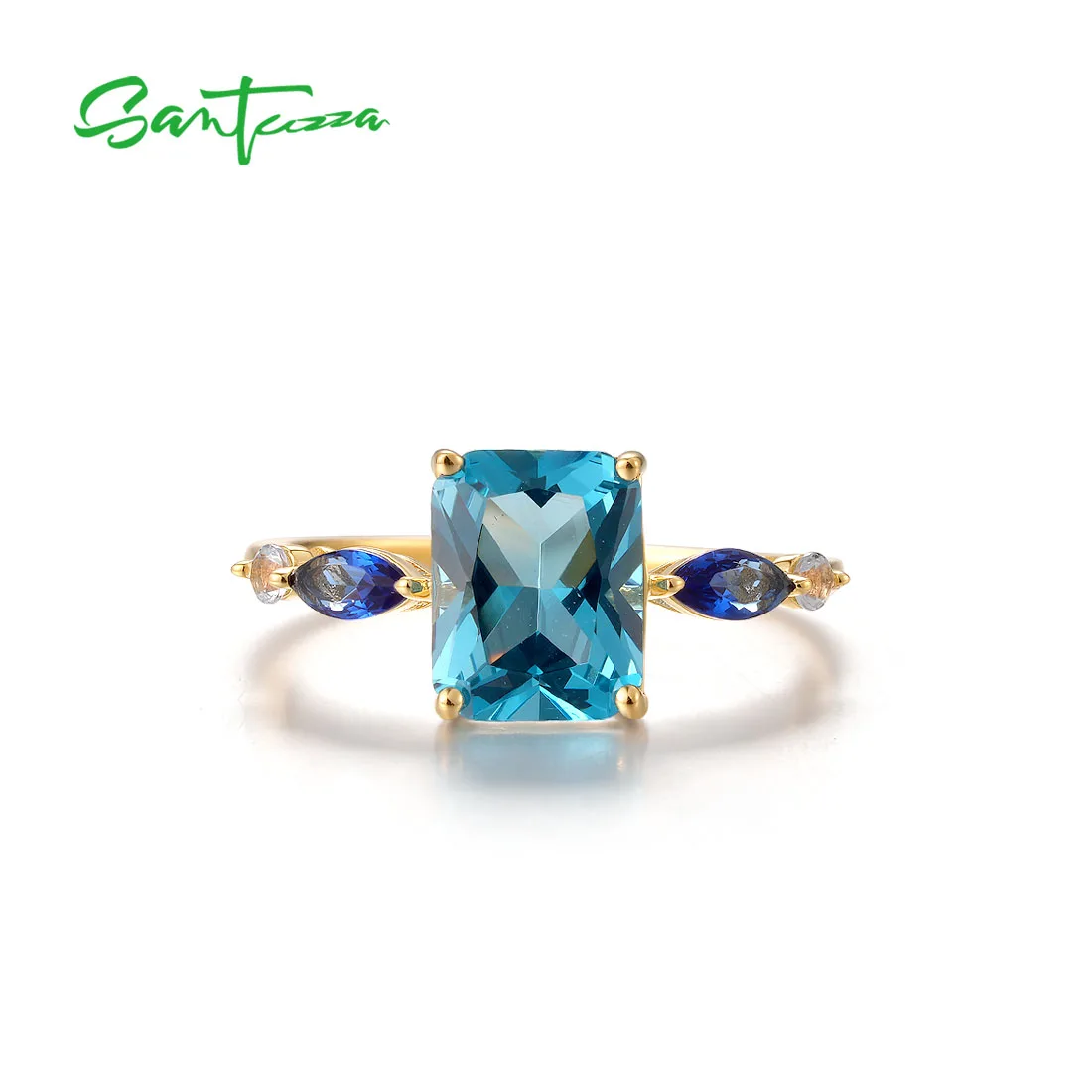 SANTUZZA Authentic 925 Sterling Silver Ring For Women Sparkling Synthetic Blue Spinel Modern Style Birthday Gifts Fine Jewelry