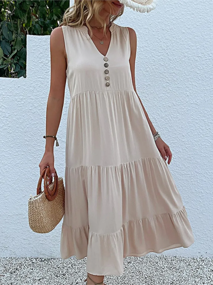

Women Casual Loose Dress Fashion Solid Sleeveless V Neck Button Pullover Dresses For Female Elegant Holiday Womens Clothing New