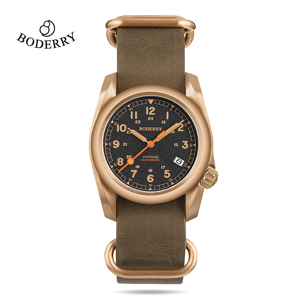 Relojes Boderry Field, caja de bronce, reloj mecánico automático VOYAGER, reloj impermeable de 100M para hombre, reloj de pulsera militar de la