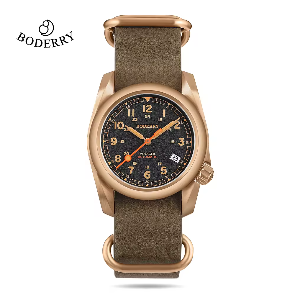Boderry campo relรณgios caixa de bronze automรกtico mecรขnico voyager relรณgio masculino 100m ร prova dwaterproof รกgua militar marca superior relรณgio pulso