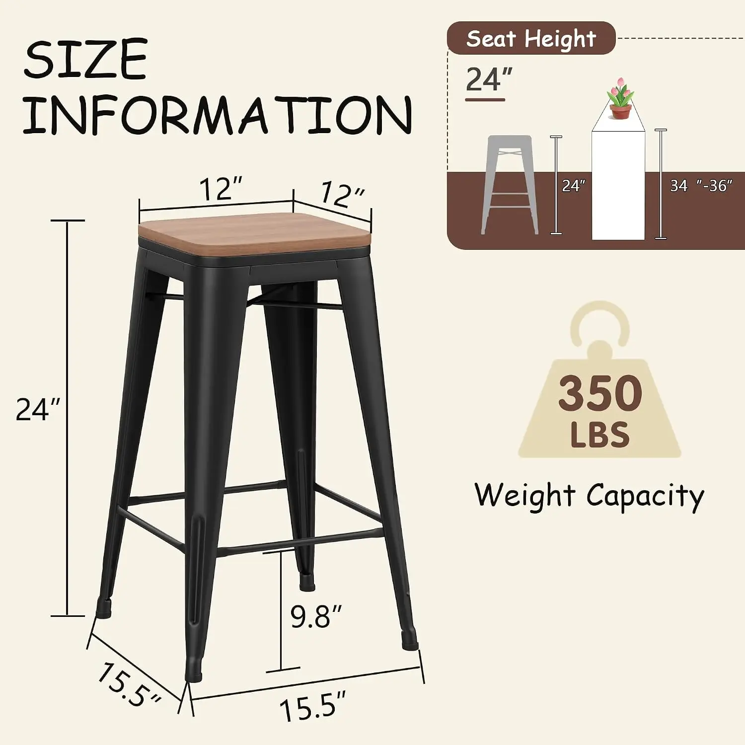 Stackable Metal Bar Stools Backless Industrial Counter Height Stools With Wooden Seat 24 Inch Matte Black, Customized