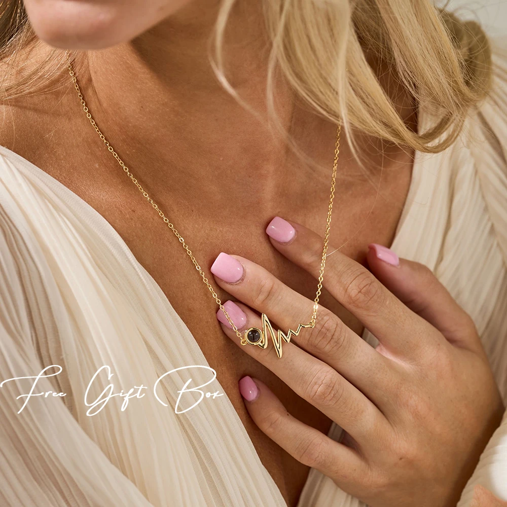 Custom Photo Projection Necklace Heart Rate Pendant Waterproof Jewelry Memorial Picture Gift Personalized Photo Inside Necklace