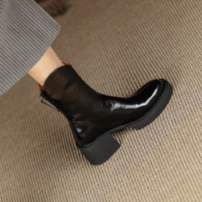 New Winter Split Leather Women shoes Platform boots 2024 Fashion Women Boots Round Toe Chunky Boots Women Solid Women Shoes