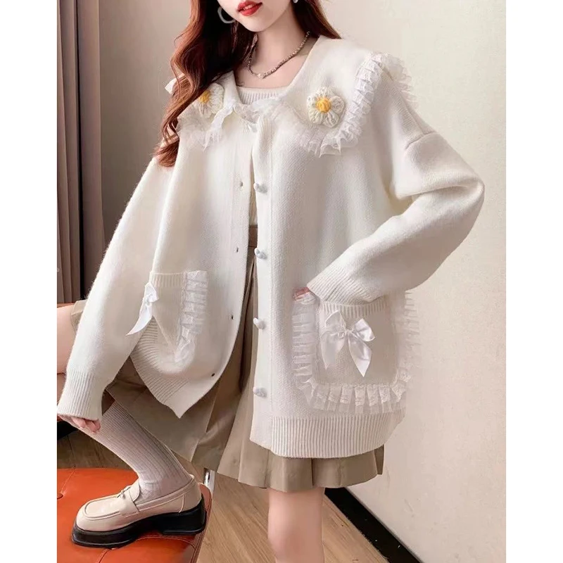 Sweet Peter Pan Collar Pockets Bow Lace Cardigan Sweaters Female Clothing 2024 Autumn Winter New Loose Knitted Young Style Tops