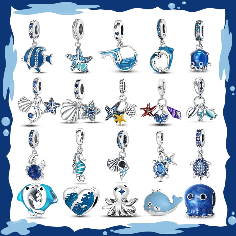 

925 sterling silver fashion ocean blue charm beads suitable for Pandora original bracelet DIY exquisite jewelry making gifts