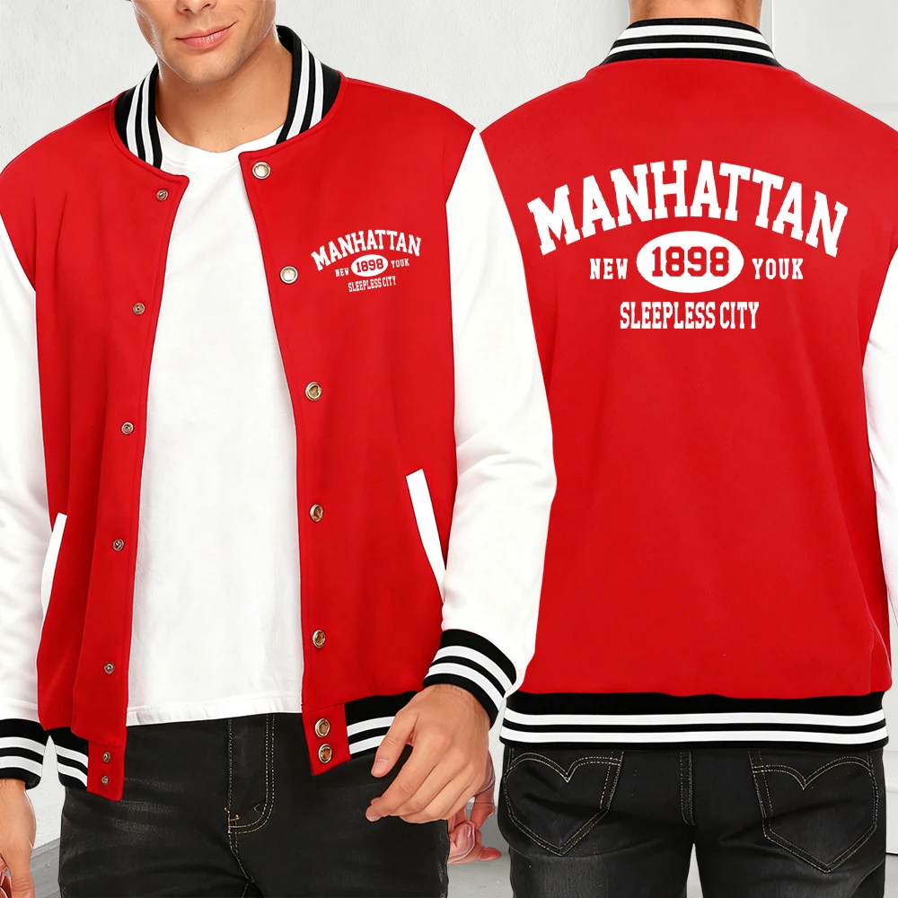 

Manhattan New York Sleepless City Print Men'S Baseball Jersey Hip Hop American Tops Fashion Y2K Menswear Street Casual Jackets
