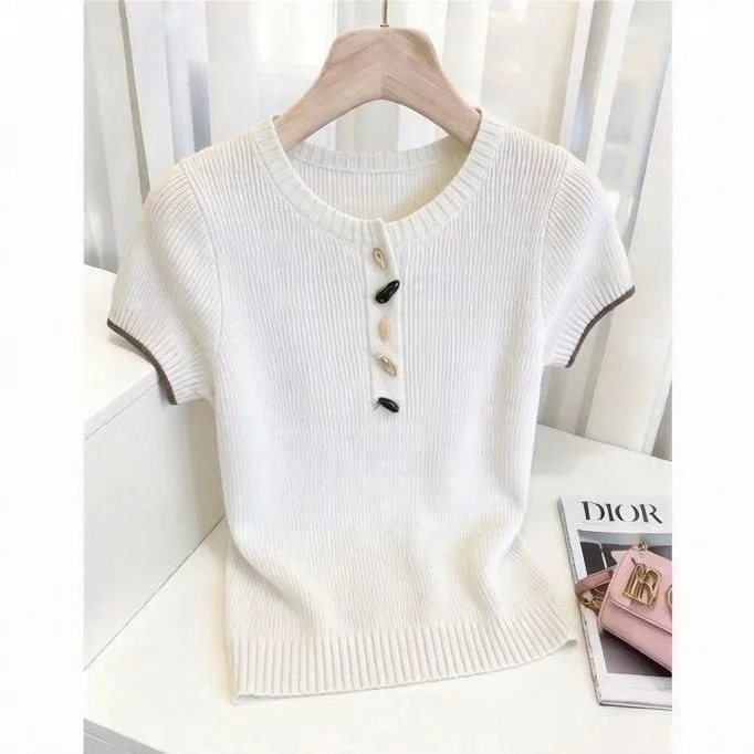 Elegant Green Knitted Top Women's Slim Fit Short Sleeve V-Neck Summer Thin Style Button Design Fashionable Body Shaping Shirt