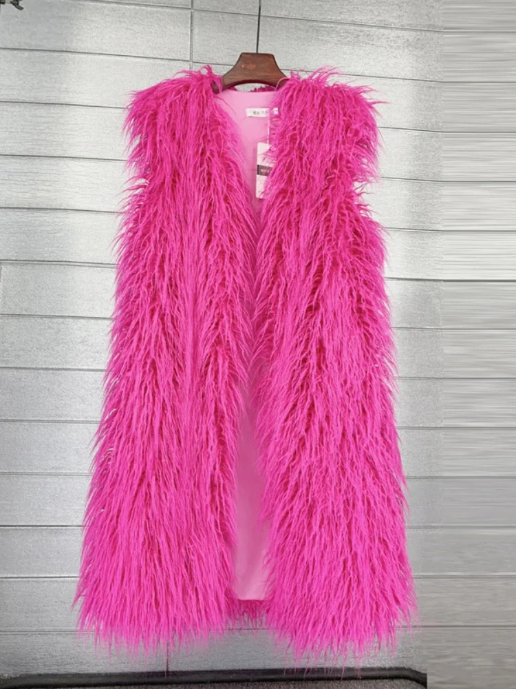 Mongolia Sheep Fur Women Long Vest Colorful Warm Faux Fur High Street Plush Coats Female Jacket Autumn Winter Furry Outerwear