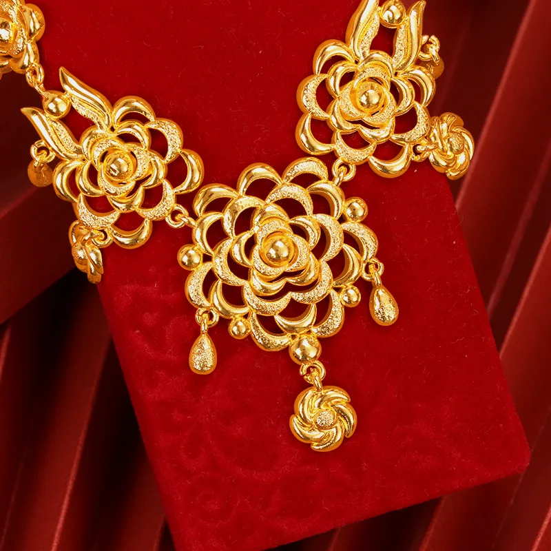 Luxury 24K 9999 Pure Gold real gold Women's Wedding Flower Chain Saudi Dubai Bride Wedding Necklace view 3