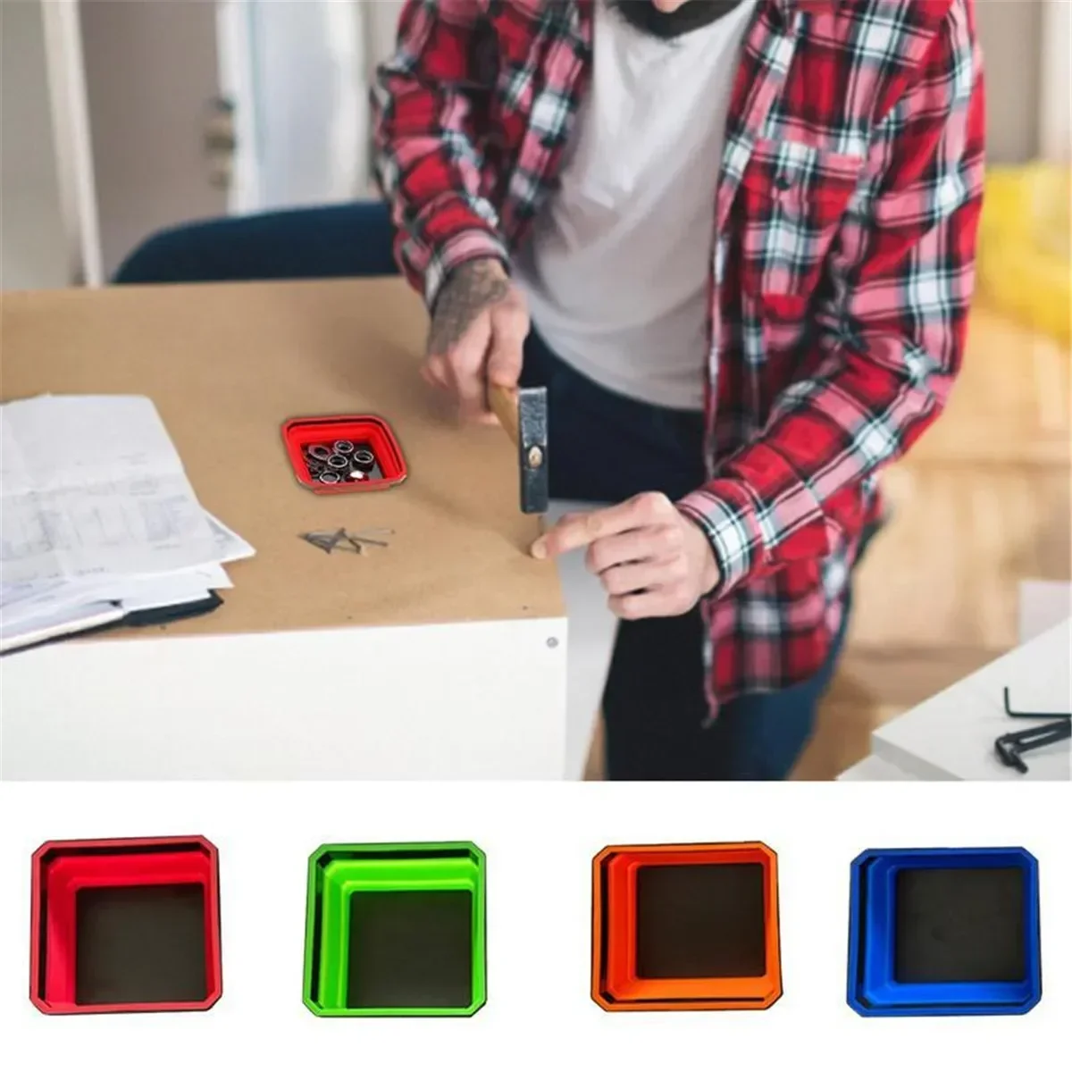 4PCS Tools Parts Storage Box Silicone Screw Bowl Plumber Magnetic Screw Square Tray Carpenters Tool Organizer Magnetic Tray Box