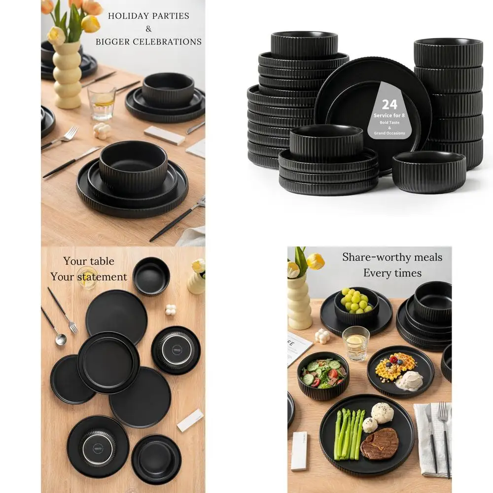 

8-Person Black Ceramic Dinnerware Set - 24-Piece Plate & Bowl Collection for Elegant Gatherings