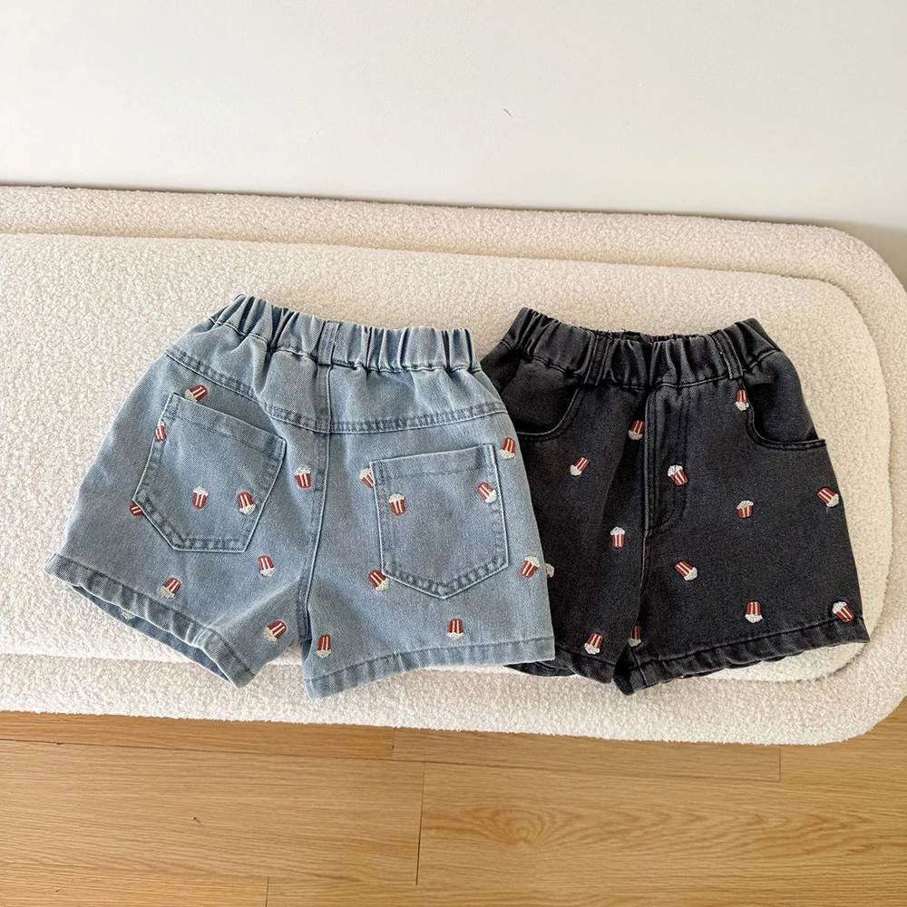 Summer Kids Denim Shorts 1-10T Cartoon Popcorn Girls Jeans Thin Boys' Five Quarter Pants Children Casual Pants
