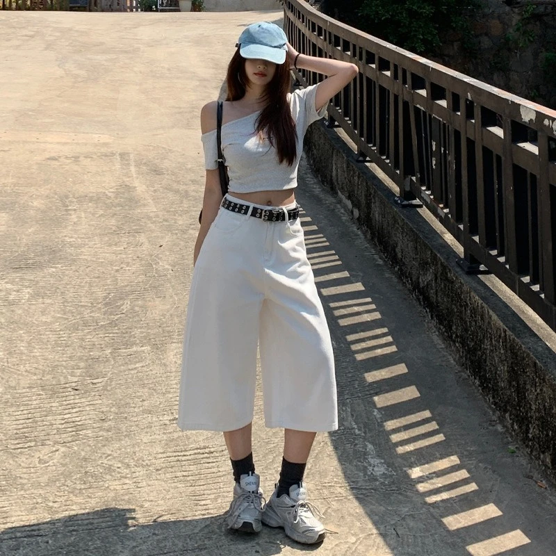 

American Retro High Waist Loose Wide-leg Pants Spring and Summer Straight Cropped Jeans Women's Shorts.