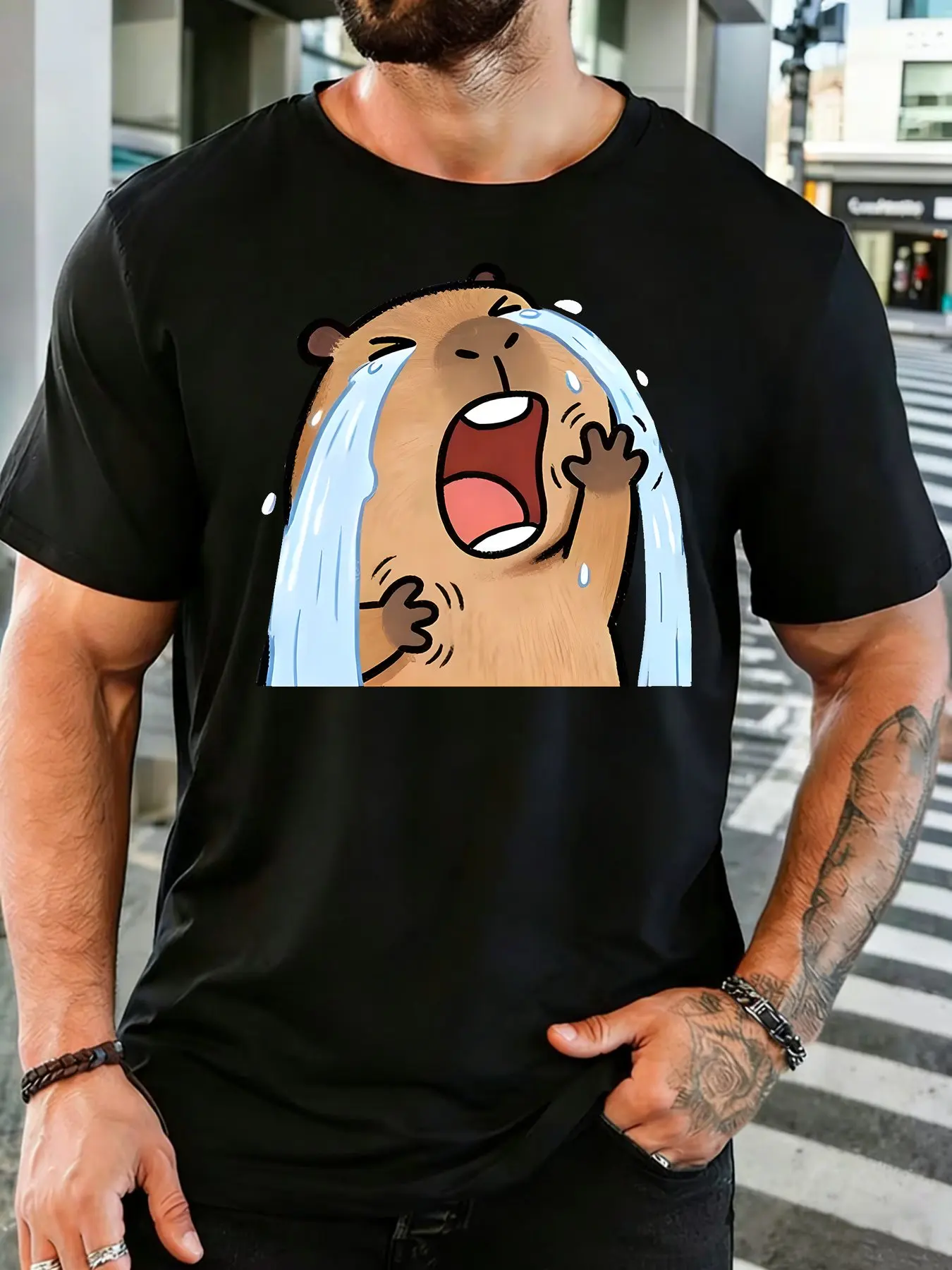 Crying Capybara Meme Mens T Shirt Cotton Short Sleeve Crew Neck Casual Oversized Animal Graphic Tee Summer Male Street Top Gift