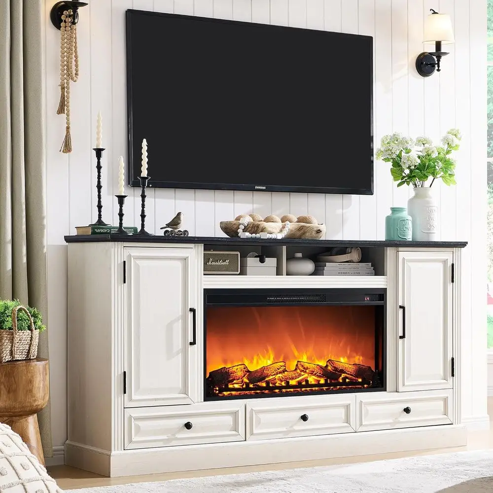 80 Inch TV Stand with 36 Electric Fireplace, 35.7 Tall, Antique White Entertainment Center for Living Room Storage