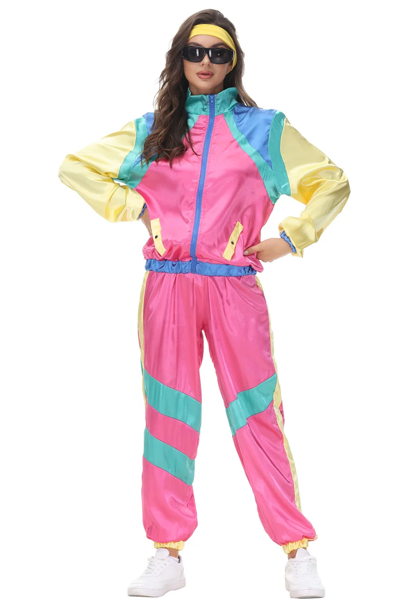 Women Vintage 80s Hippie Costume Suit Retro Hip Hop Disco Party Cosplay Tracksuit Halloween Clothing