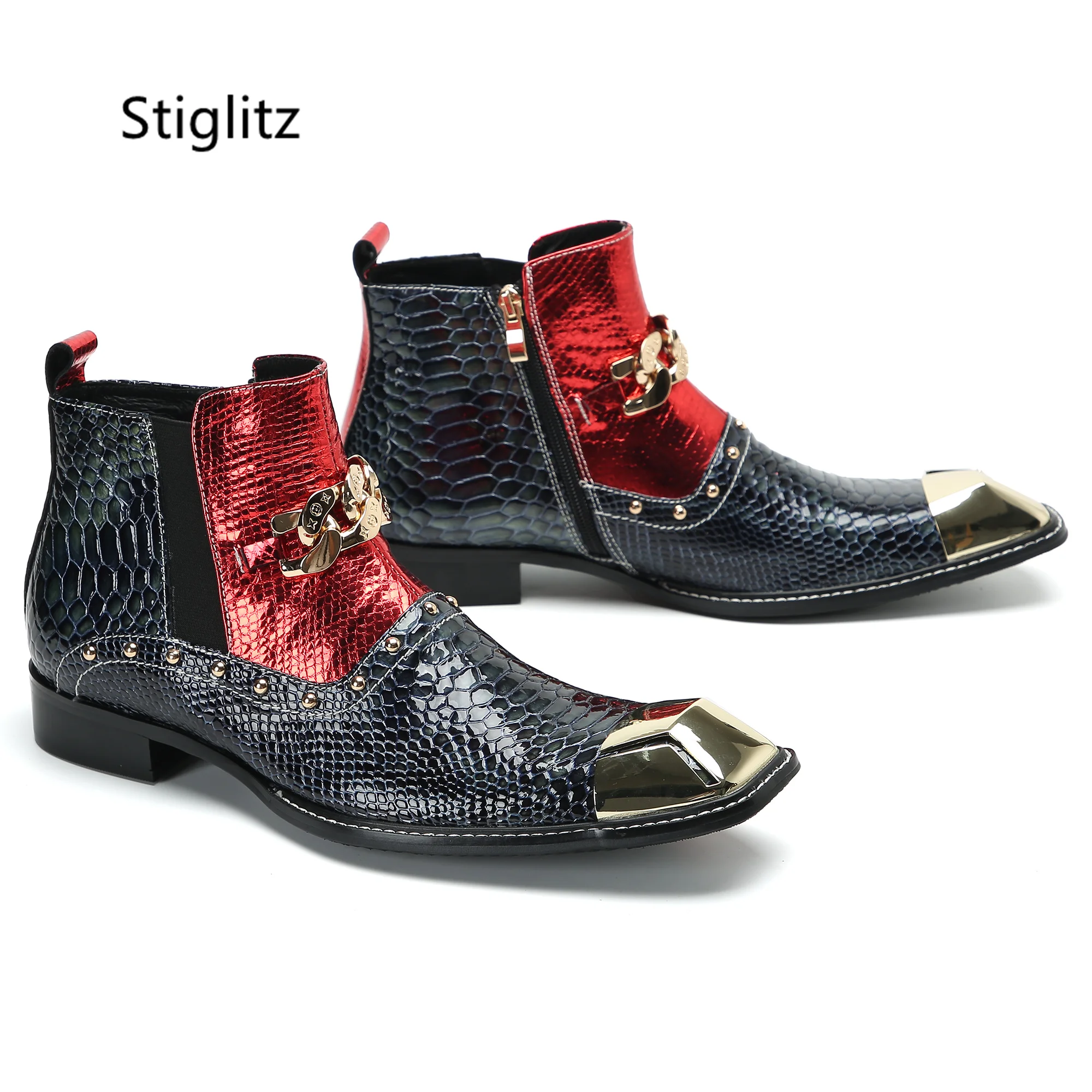 Snake Pattern Ankle Boots for Men Square Toe Metal Chain Buckle Genuine Leather Men's Boots Mixed Color Dress Business Shoes