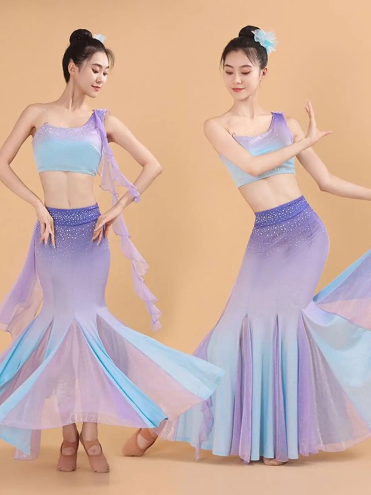 Dai Peacock Dance Costume Glitter Gradient Mermaid Skirt One Shoulder Top Chinese Folk Dance Outfit for Stage Art Exam