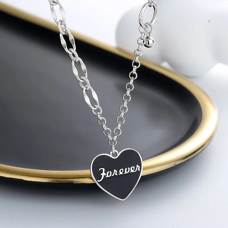 216LZFSILVER S925 Sterling Silver FashionTrend Retro Design Luxury Letter Forever Heart Necklace For Women Wedding Party Jewelry