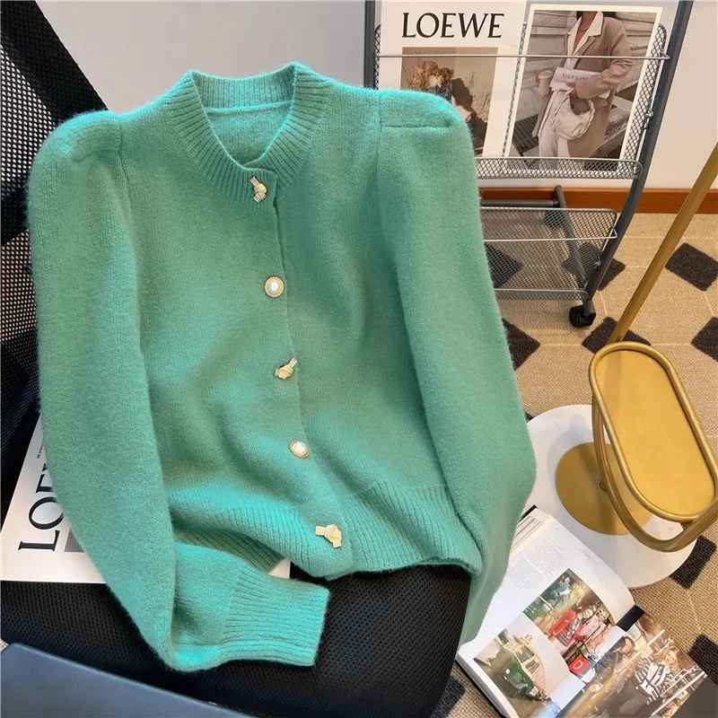 Green Pink Camel Autumn/Winter New Metal Button Fragrant Style Long Sleeve Round Neck Bubble Sleeve Cardigan Sweater Coat