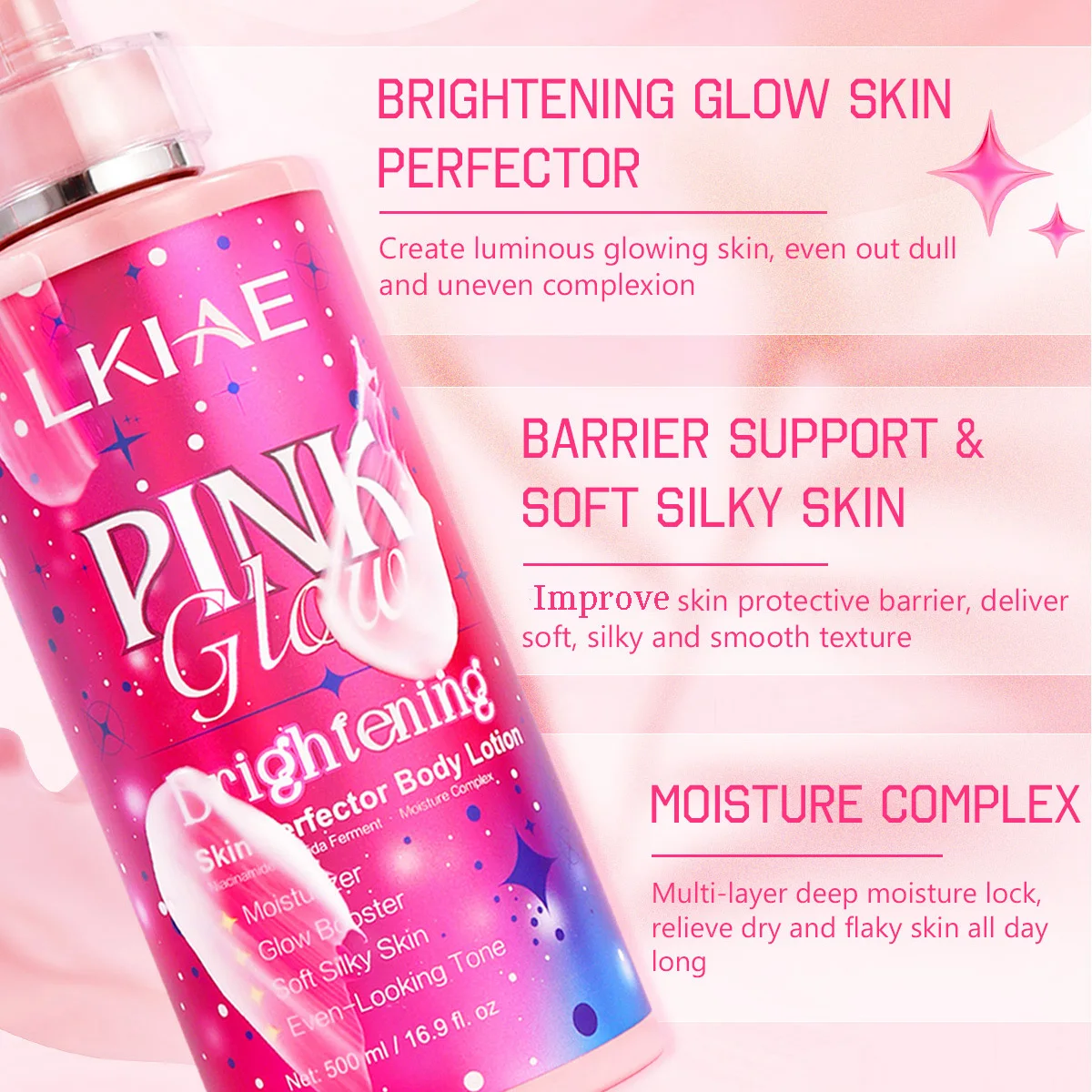 LKIAE Pink Glow Brightening Lotion, With Nicotinamide, Moisturizer, Soft Silky Skin, For Melanin Rich Skin, Even-Looking Tone