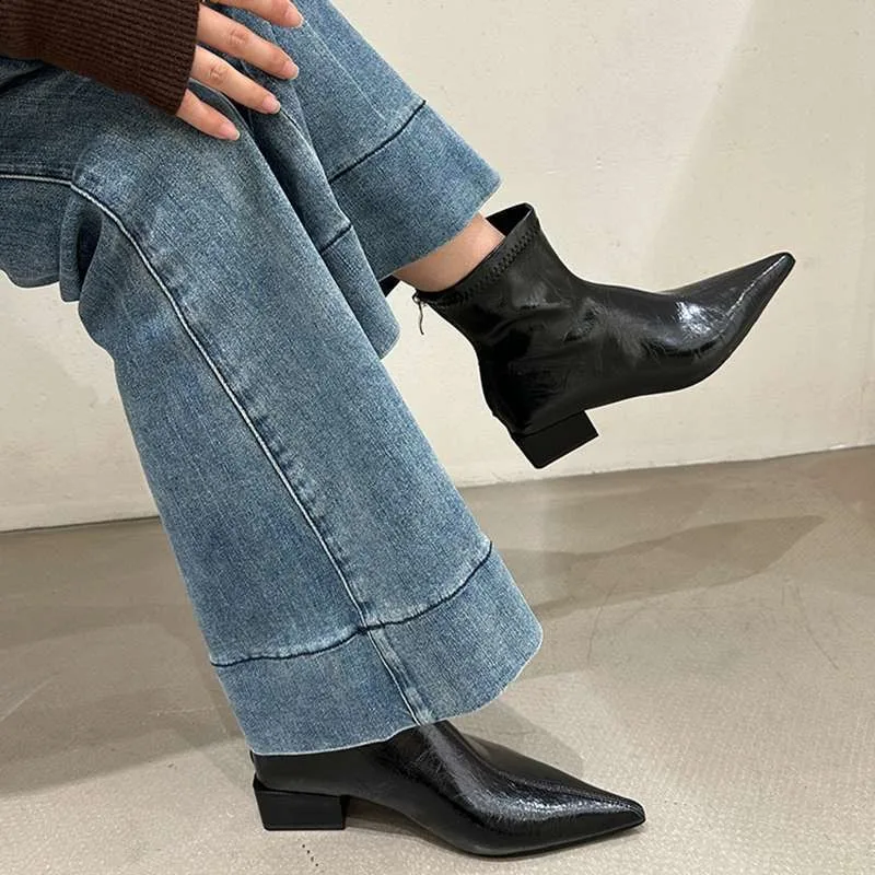 Fashion Short Boots for Women Thick Heeled Short Boot Retro Pointe Toe Ankle Boots for Women New Casual Leather Boot Botas Mujer