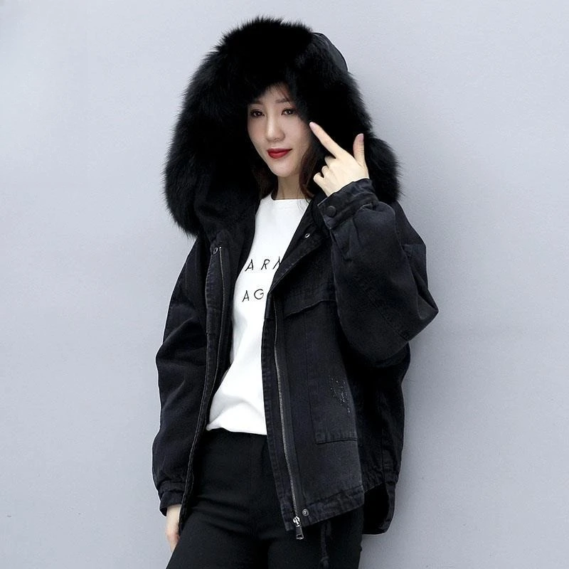 

Autumn Female Zipper Cowboy Coat Women Fashion Big Collar Down Jacket Korean Ladies Hooded Thickening Denim Outwear E12766