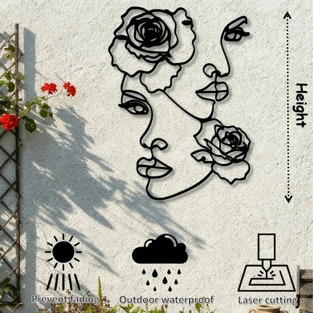 CIFBUY Wrought Iron Wall Art, 2D Line Art Woman Face Rose Metal Sculpture Decor Sign for Living Room Bedroom Office Home