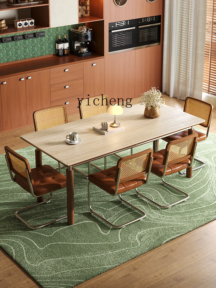 

rock slab solid wood dining table and chairs new travertine retro household small apartment medium and ancient style