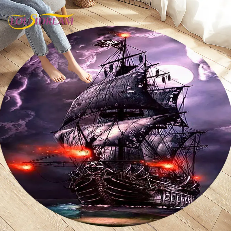 

Pirate Boat,Barque,Boat Ship Area Rug,Round Carpet Rug for Living Room Bedroom Sofa Decoration,Kid Play Game Non-slip Floor Mat